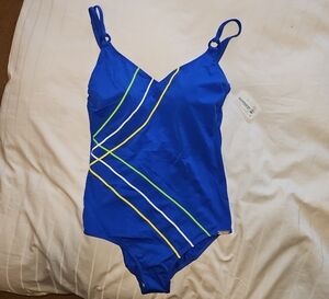 Blue Swimsuit with Colorful Stripes